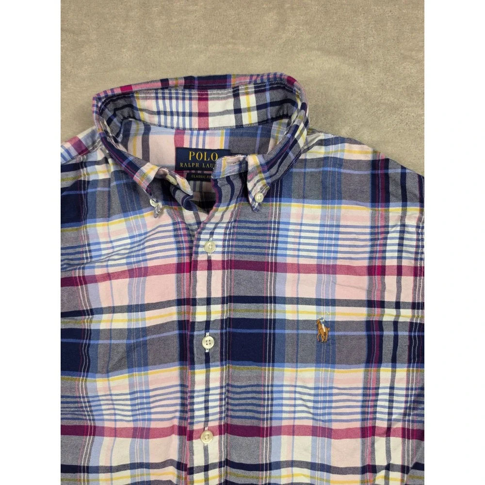 Polo Ralph Lauren Button Down Shirt Mens M Fit S Pink Blue Plaid Classic Fit